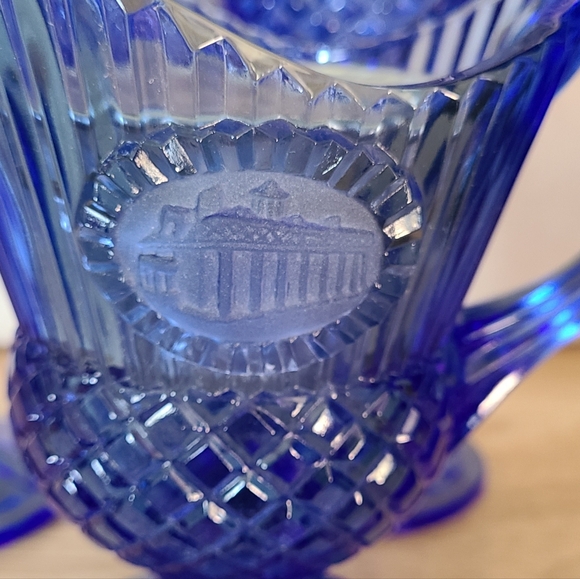 Vintage Fostoria Cobalt Blue Avon Pitcher/Creamer and Two Goblets W/ Orig Candle - Picture 5 of 11